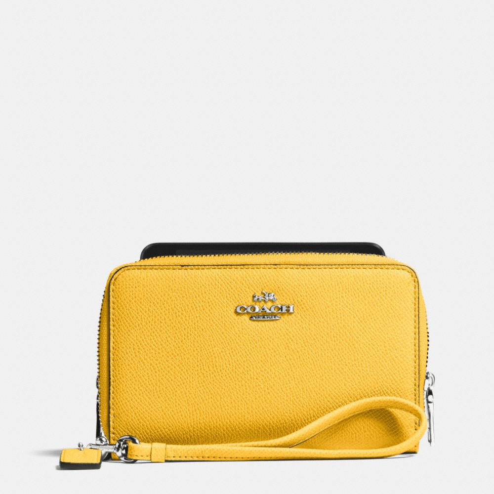 COACH DOUBLE ZIP PHONE WALLET IN EMBOSSED TEXTURED LEATHER - SILVER/CANARY - F63112