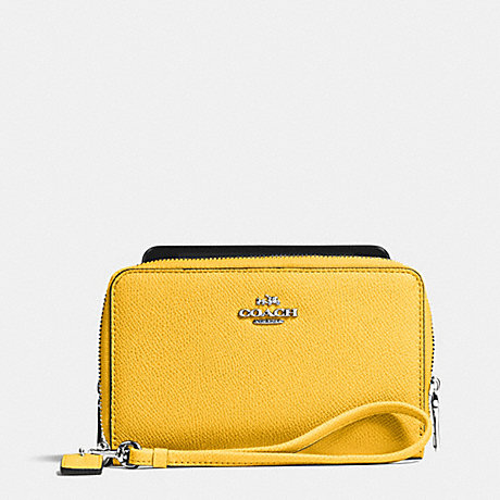 COACH DOUBLE ZIP PHONE WALLET IN EMBOSSED TEXTURED LEATHER - SILVER/CANARY - f63112
