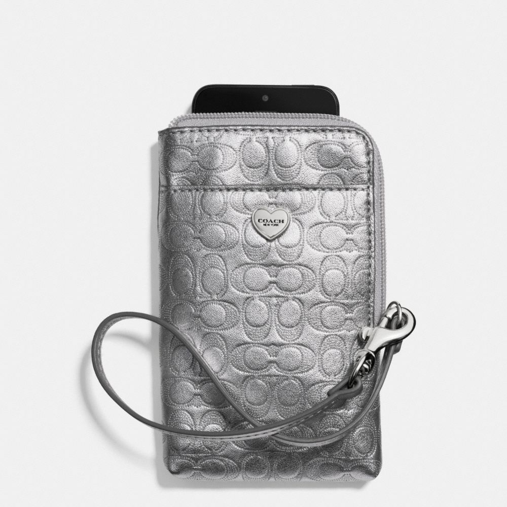 PERFORATED EMBOSSED LIQUID GLOSS UNIVERSAL PHONE CASE - SILVER/PEWTER - COACH F63131