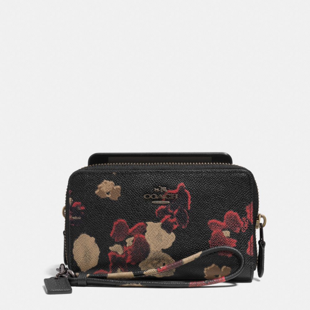 COACH DOUBLE ZIP PHONE WALLET IN FLORAL PRINT LEATHER -  BN/BLACK MULTI - f63148