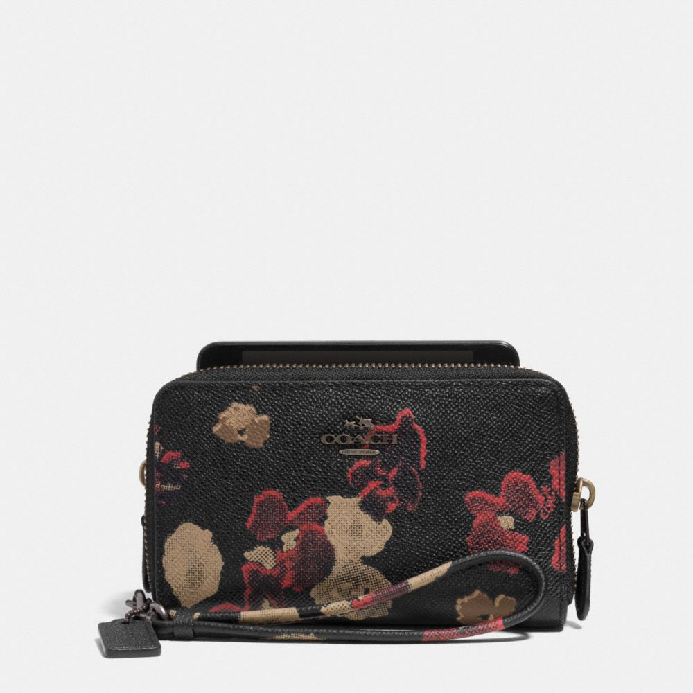 COACH f63148 DOUBLE ZIP PHONE WALLET IN FLORAL PRINT LEATHER  BN/BLACK MULTI