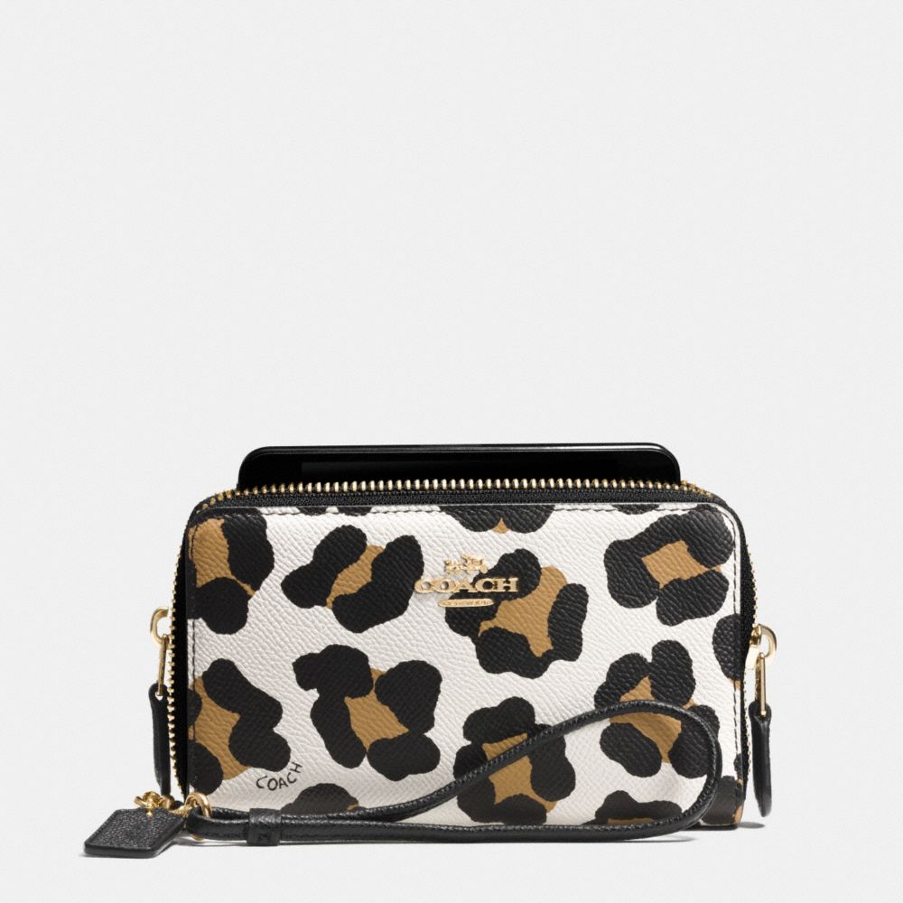 COACH F63149 Double Zip Phone Wallet In Ocelot Print Leather LIGHT GOLD/WHITE MULTICOLOR