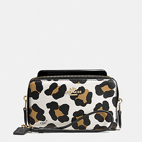 COACH f63149 DOUBLE ZIP PHONE WALLET IN OCELOT PRINT LEATHER LIGHT GOLD/WHITE MULTICOLOR