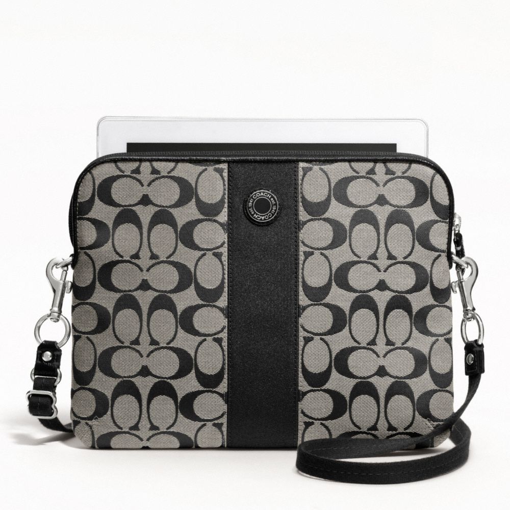 COACH F63219 Signature Stripe Tablet Crossbody SILVER/BLACK/WHITE/BLACK