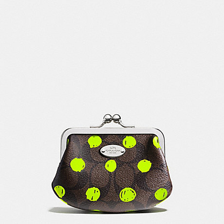 COACH F63238 FRAMED COIN PURSE IN DOT PRINT COATED CANVAS SILVER/BROWN/NEON-YELLOW