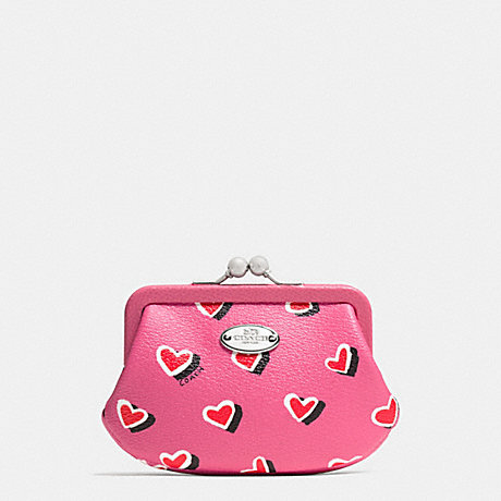 COACH F63239 FRAMED COIN PURSE IN HEART PRINT COATED CANVAS -SILVER/PINK-MULTICOLOR