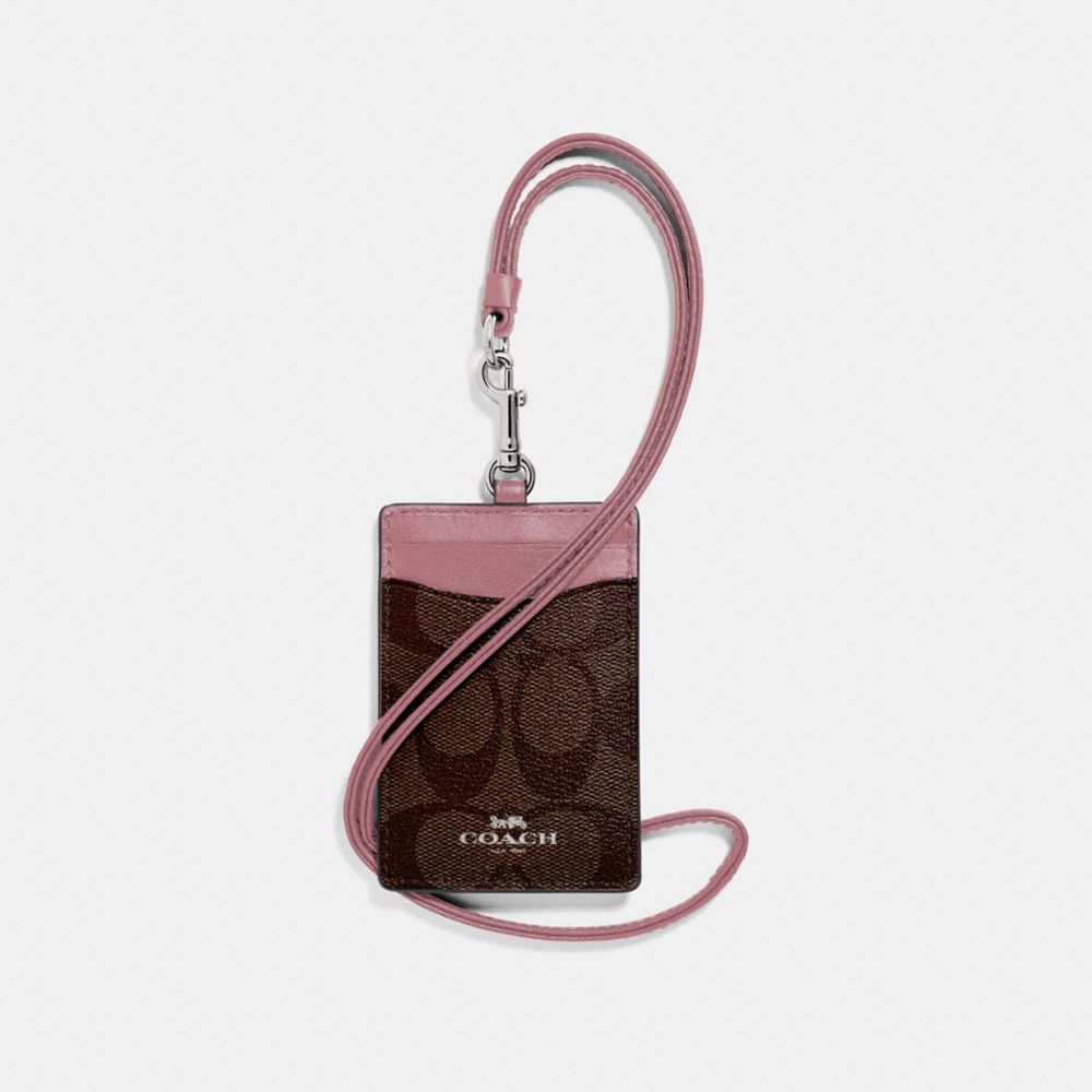 COACH F63274 ID LANYARD IN SIGNATURE CANVAS BROWN/DUSTY ROSE/SILVER