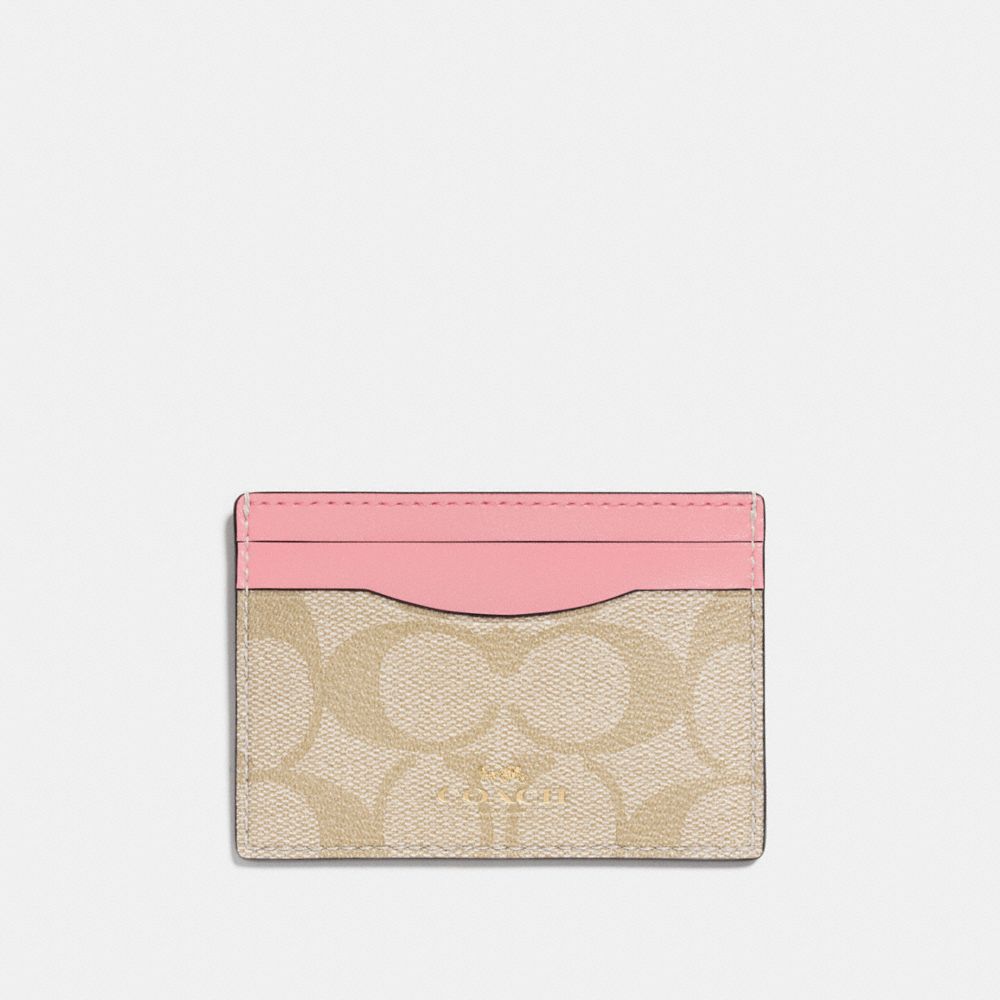 COACH F63279 CARD CASE IN SIGNATURE CANVAS LIGHT-KHAKI/PEONY/LIGHT-GOLD