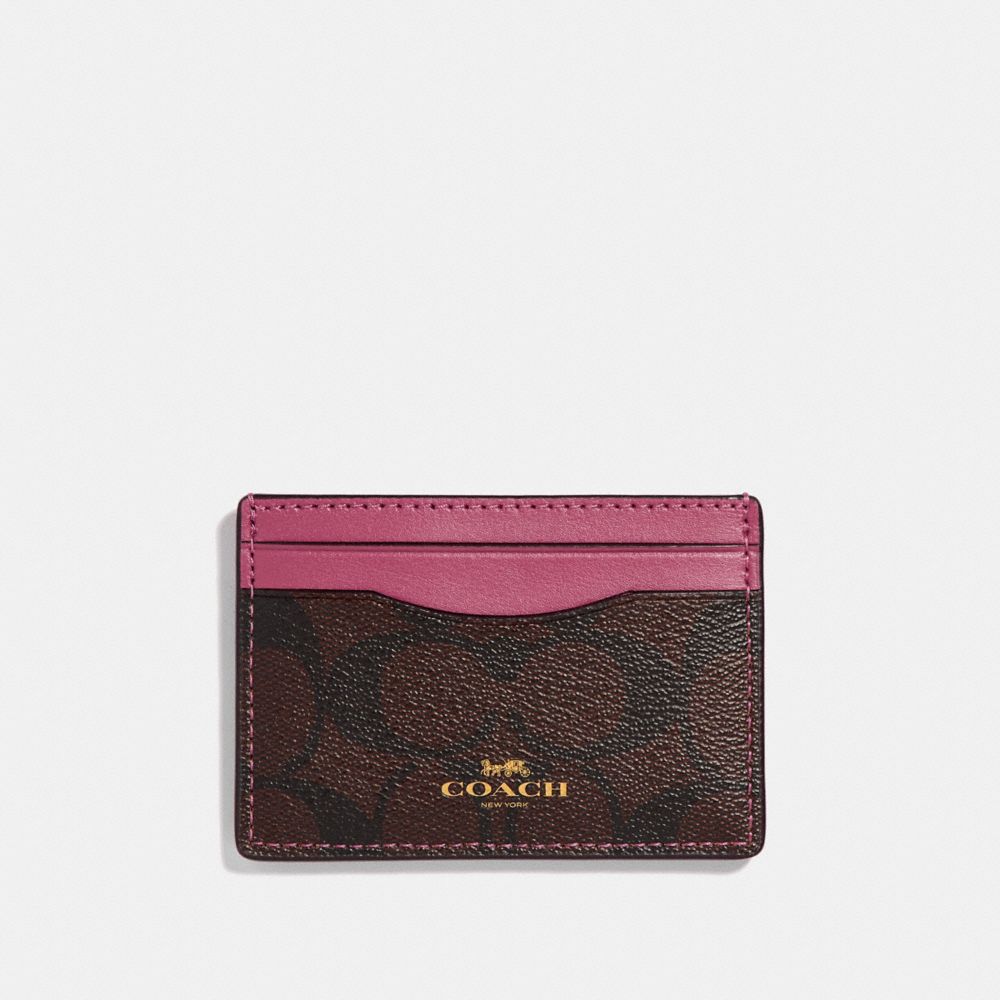 COACH F63279 - CARD CASE IN SIGNATURE CANVAS BROWN/ROUGE/LIGHT GOLD
