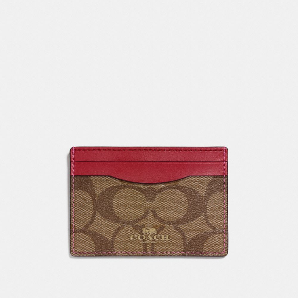 COACH F63279 CARD CASE IN SIGNATURE CANVAS KHAKI/CHERRY/LIGHT-GOLD