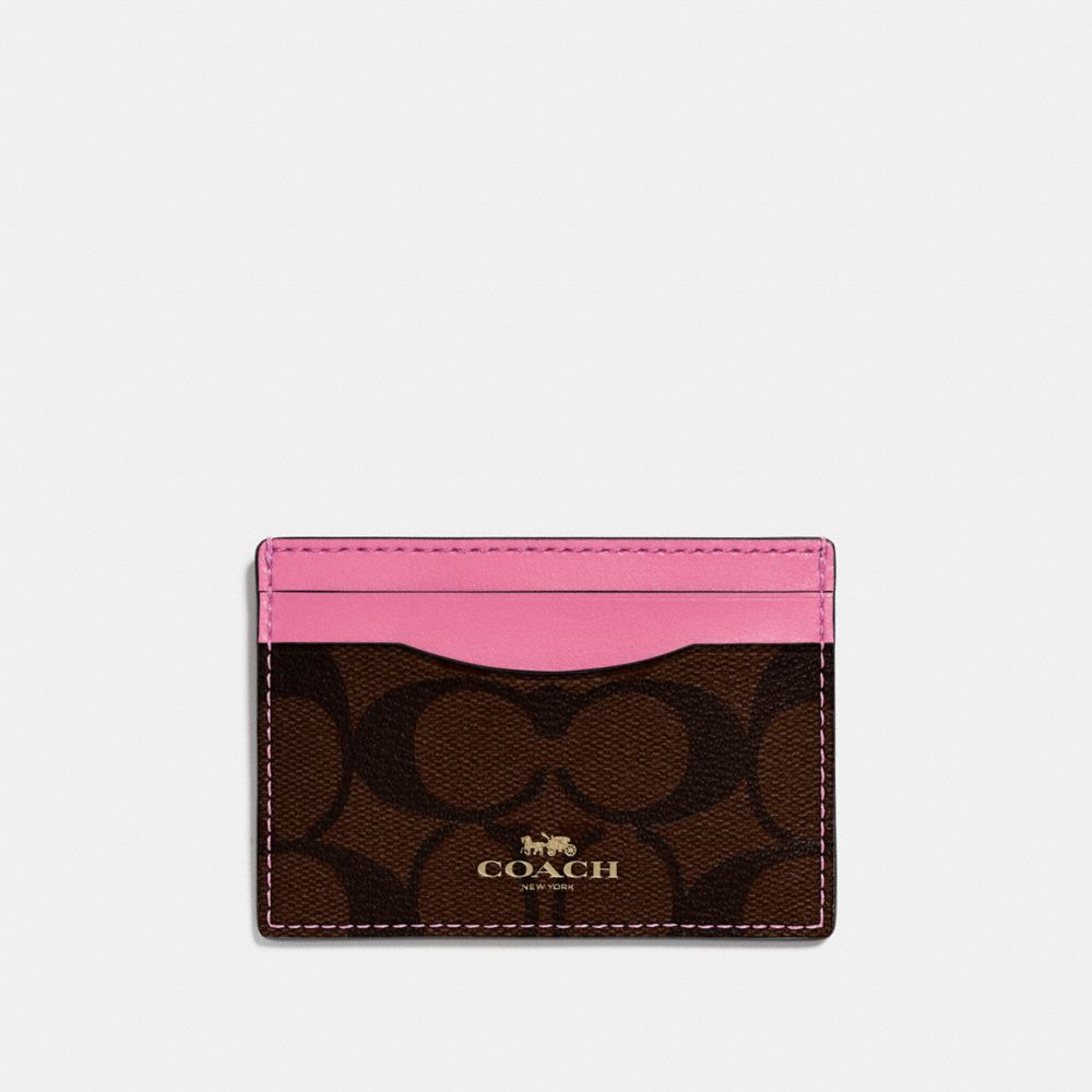 COACH F63279 Card Case In Signature Canvas BROWN /PINK/LIGHT GOLD