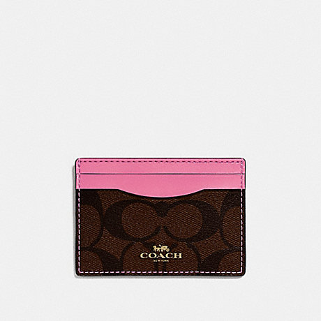 COACH f63279 CARD CASE IN SIGNATURE CANVAS brown /pink/light gold