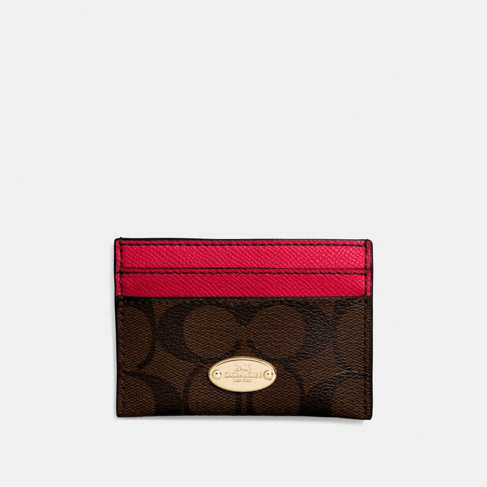 COACH F63279 Card Case In Signature IMITATION GOLD/BROWN TRUE RED