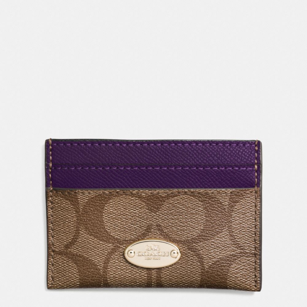 COACH F63279 CARD CASE IN SIGNATURE IMITATION-GOLD/KHAKI-AUBERGINE