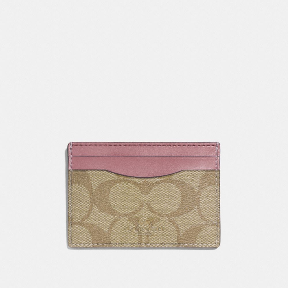 COACH F63279 CARD CASE IN SIGNATURE CANVAS LIGHT-KHAKI/VINTAGE-PINK/LIGHT-GOLD