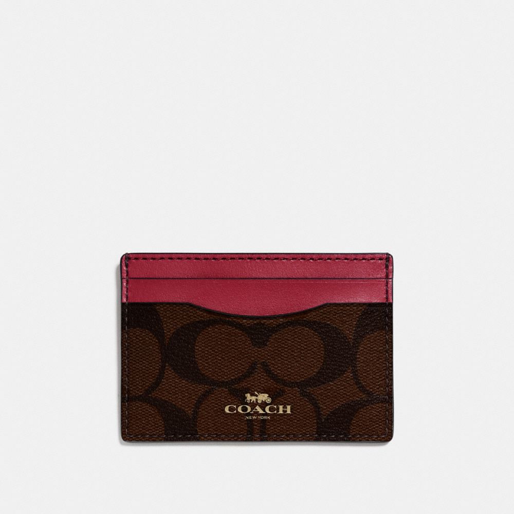 COACH F63279 CARD CASE IN SIGNATURE CANVAS BROWN/HOT PINK/LIGHT GOLD