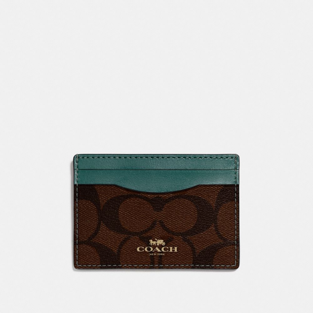 COACH CARD CASE IN SIGNATURE CANVAS - BROWN/DARK TURQUOISE/LIGHT GOLD - F63279