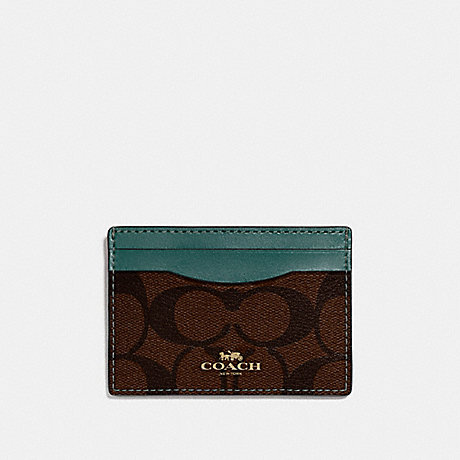 COACH F63279 CARD CASE IN SIGNATURE CANVAS BROWN/DARK-TURQUOISE/LIGHT-GOLD