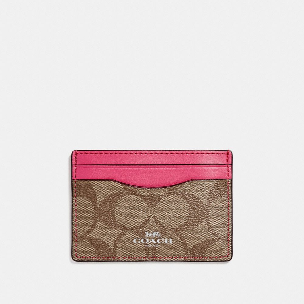 COACH f63279 CARD CASE SILVER/KHAKI/MAGENTA