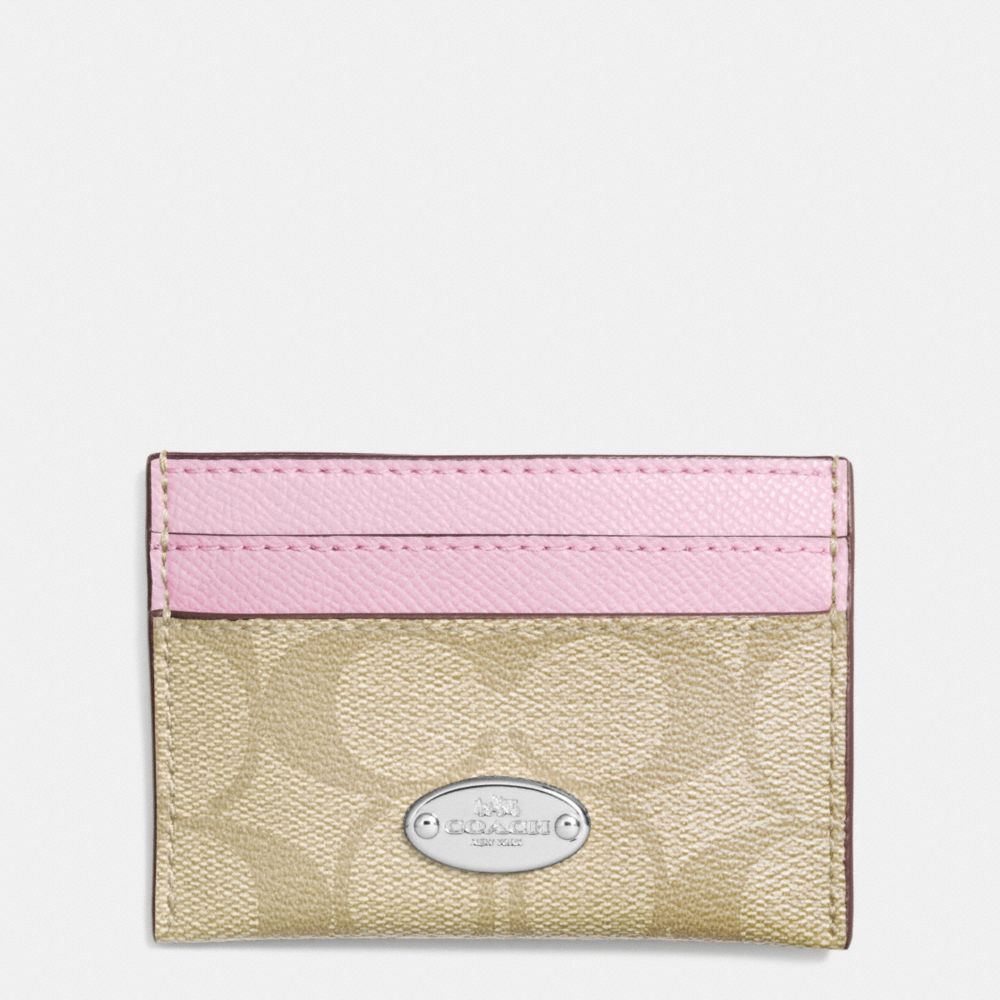 COACH F63279 CARD CASE IN SIGNATURE CANVAS SILVER/LIGHT-KHAKI/PETAL