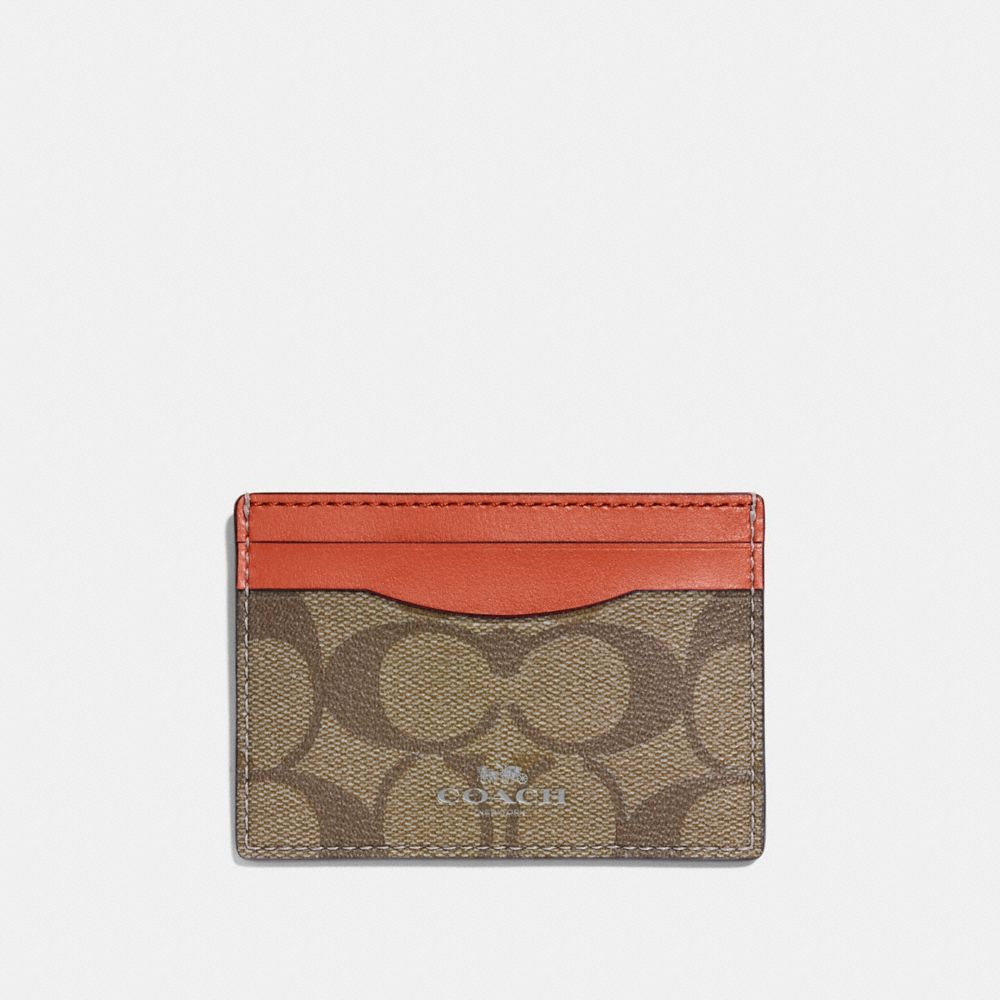 COACH F63279 CARD CASE IN SIGNATURE CANVAS KHAKI/ORANGE-RED/SILVER