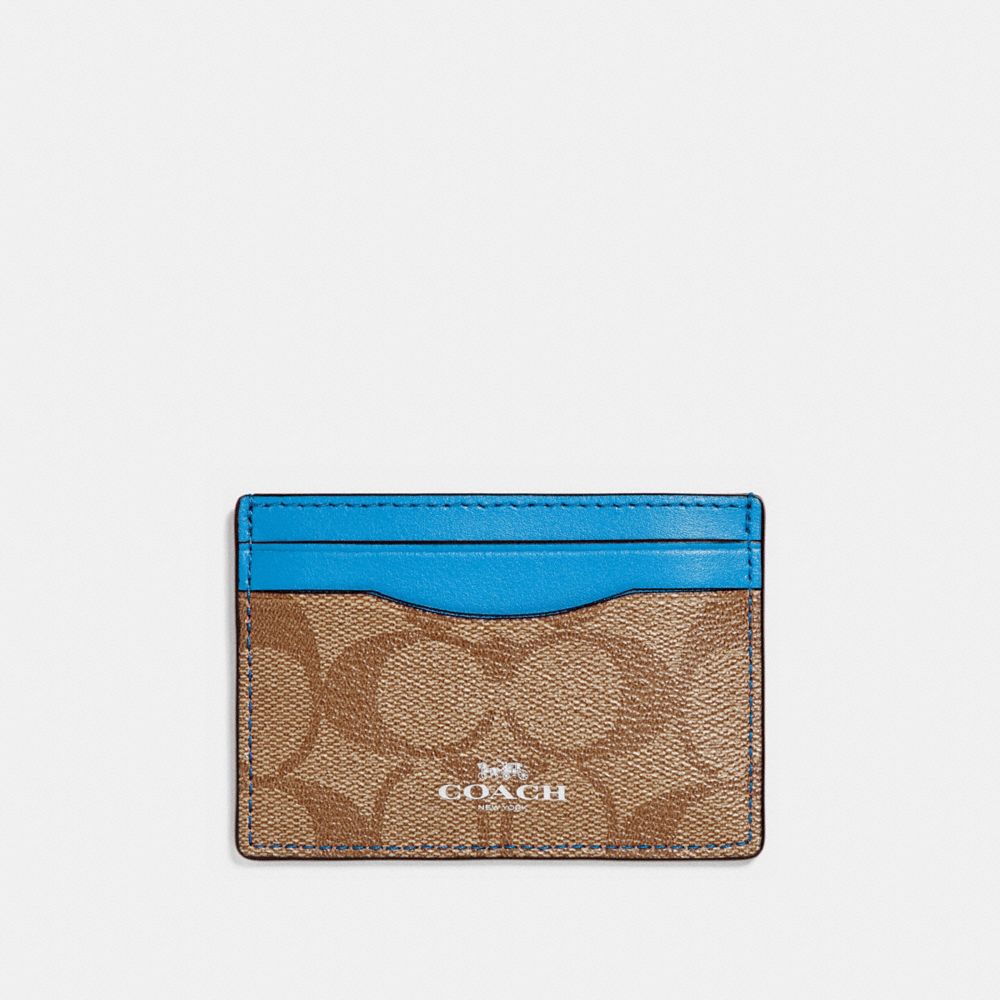 COACH F63279 Card Case In Signature Canvas KHAKI/BRIGHT BLUE/SILVER