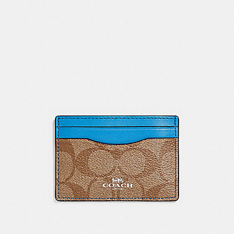 COACH f63279 CARD CASE IN SIGNATURE CANVAS khaki/bright blue/silver