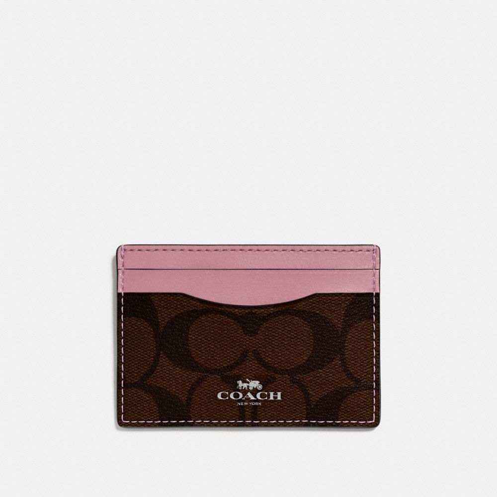 COACH CARD CASE IN SIGNATURE CANVAS - BROWN/DUSTY ROSE/SILVER - F63279