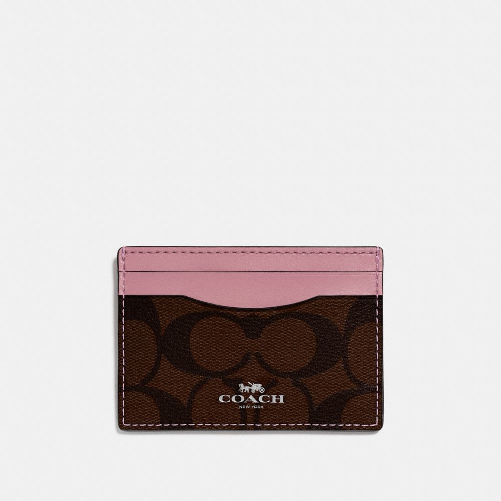 COACH f63279 CARD CASE IN SIGNATURE CANVAS brown/dusty rose/silver