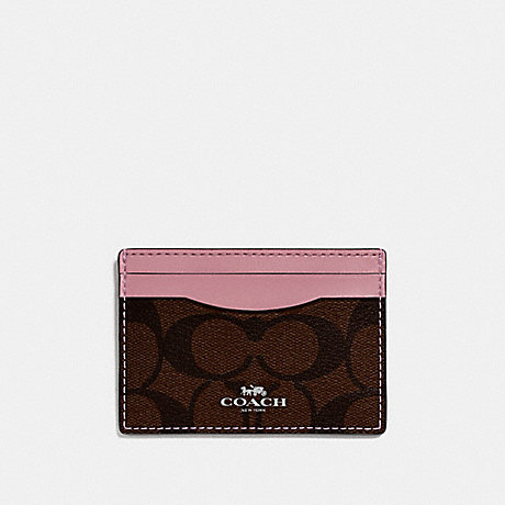 COACH F63279 CARD CASE IN SIGNATURE CANVAS BROWN/DUSTY-ROSE/SILVER
