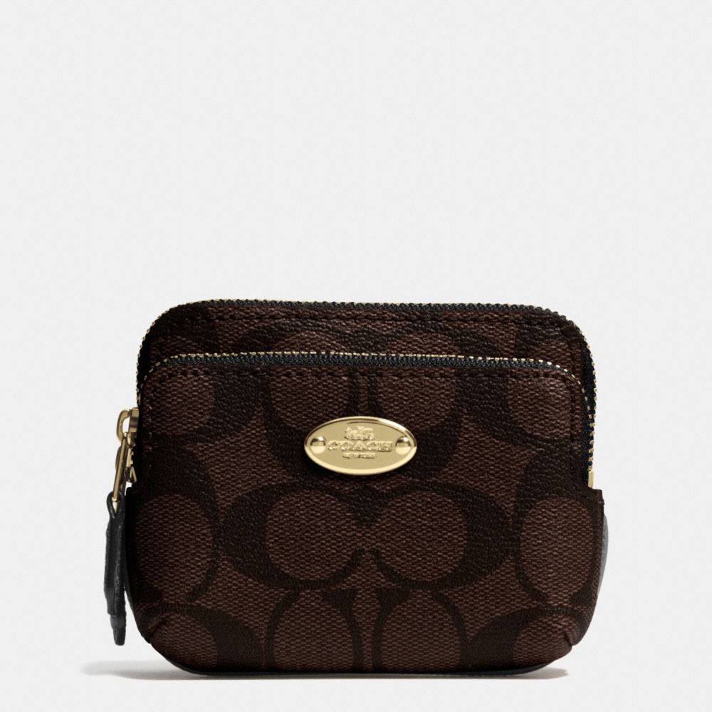 DOUBLE ZIP COIN WALLET IN SIGNATURE CANVAS - LIGHT GOLD/BROWN/BLACK - COACH F63338