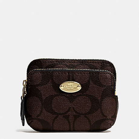COACH DOUBLE ZIP COIN WALLET IN SIGNATURE CANVAS - LIGHT GOLD/BROWN/BLACK - f63338