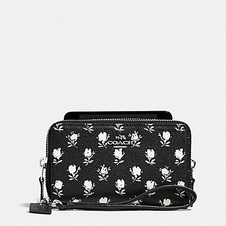 COACH f63406 DOUBLE ZIP PHONE WALLET IN PRINTED CROSSGRAIN LEATHER SILVER/BK PCHMNT BDLND FLR