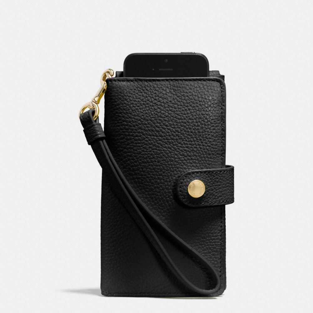 COACH f63653 PHONE CLUTCH IN PEBBLE LEATHER LIGHT GOLD/BLACK