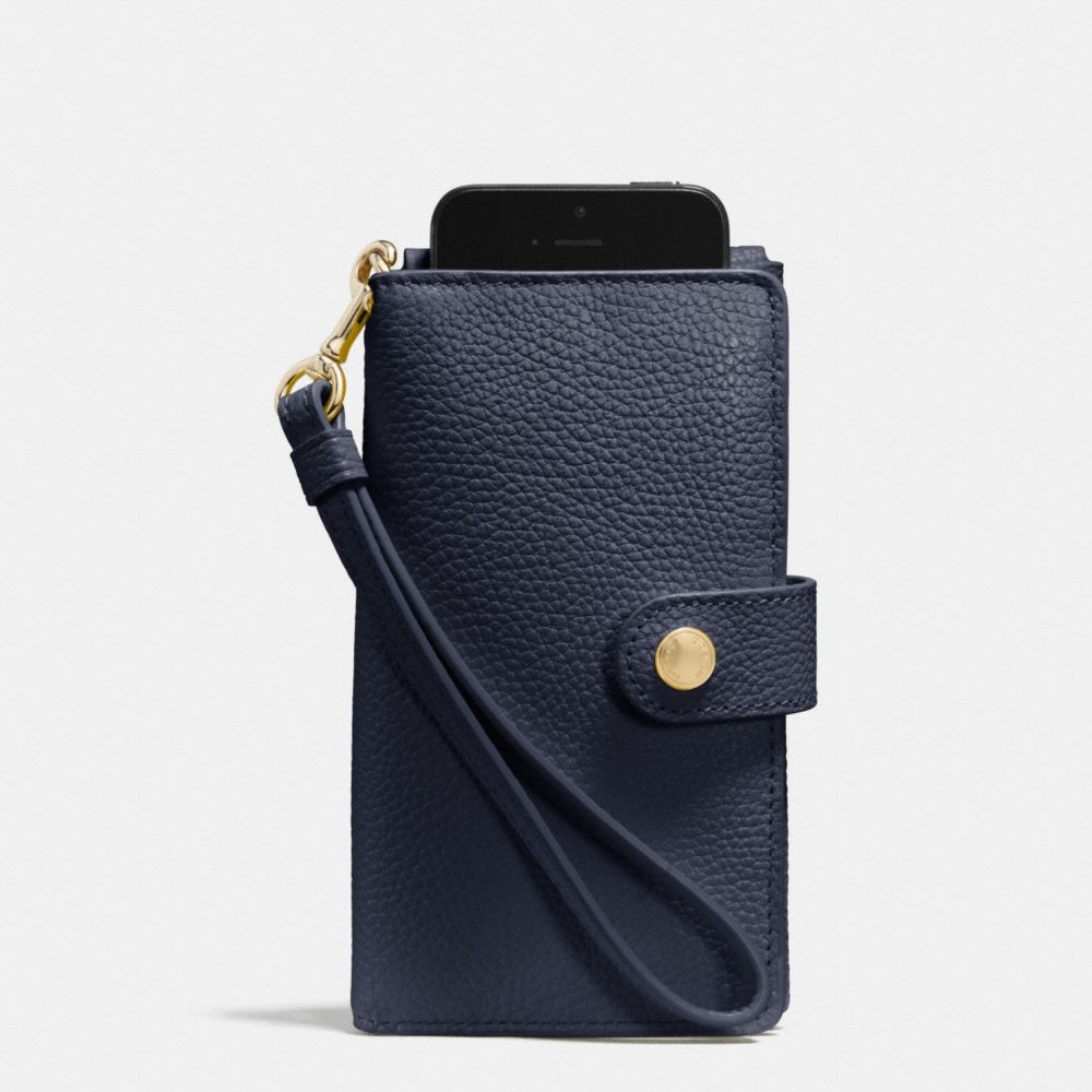 COACH F63653 PHONE CLUTCH IN PEBBLE LEATHER LIGHT-GOLD/NAVY