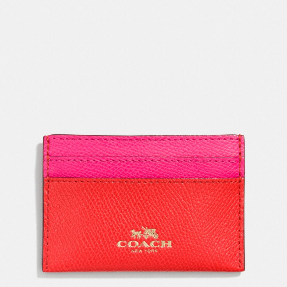 COACH F63669 CARD CASE IN BI-COLOR CROSSGRAIN LEATHER -LIGHT-GOLD/CARDINAL/PINK-RUBY