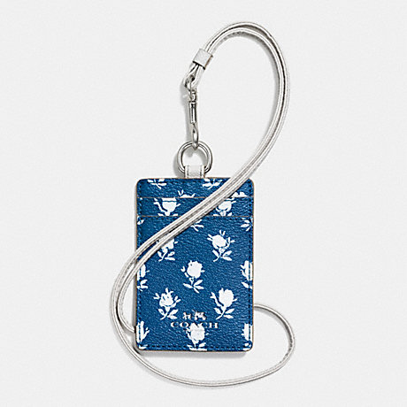 COACH f63693 BADLANDS FLORAL LANYARD ID IN PEBBLE EMBOSSED CANVAS  SILVER/BLUE MULTICOLOR
