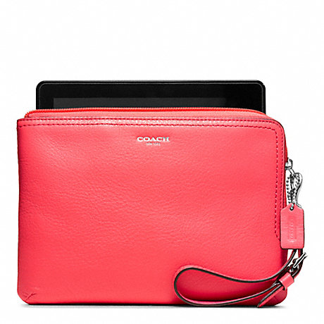 COACH F63797 LEATHER L-ZIP E-READER SLEEVE SILVER/BRIGHT-CORAL