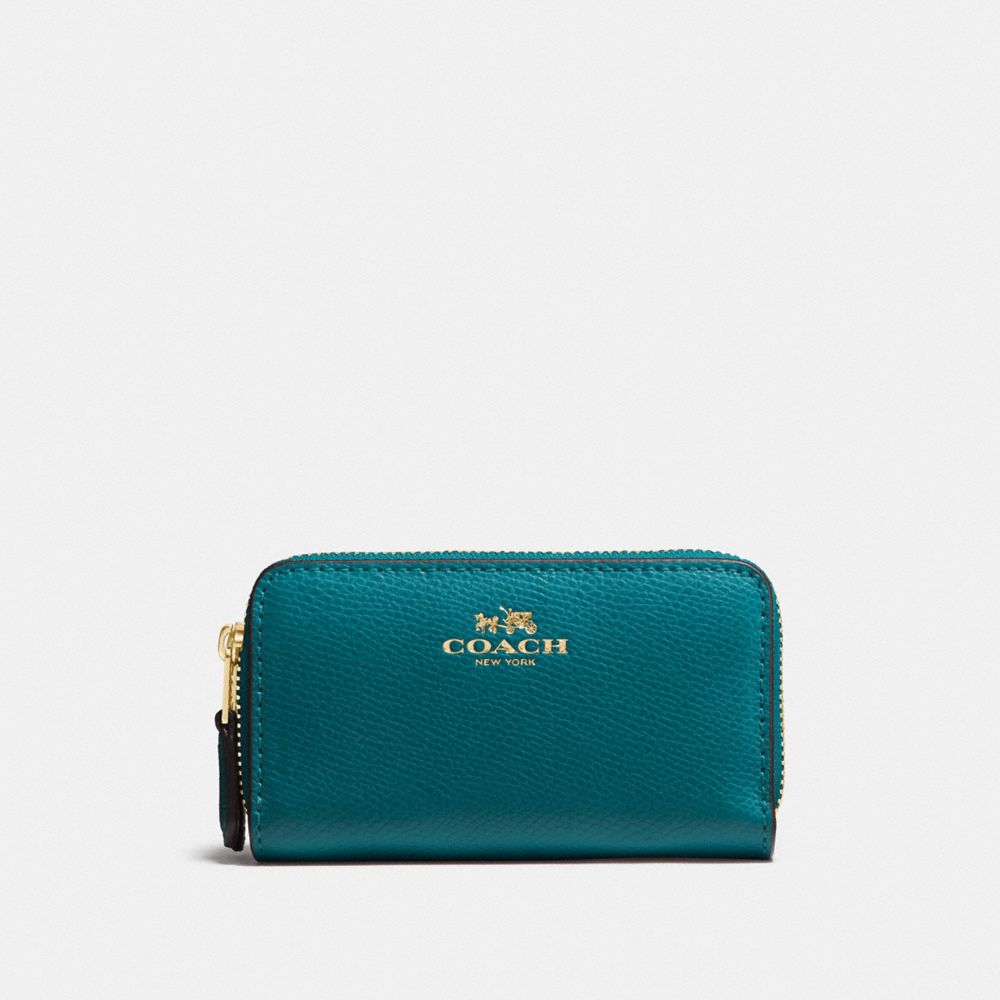SMALL DOUBLE ZIP COIN CASE IN CROSSGRAIN LEATHER - IMITATION GOLD/ATLANTIC - COACH F63921