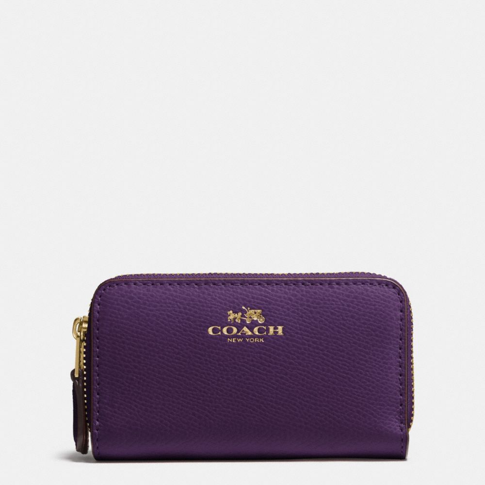 COACH F63921 Small Double Zip Coin Case In Crossgrain Leather IMITATION GOLD/AUBERGINE