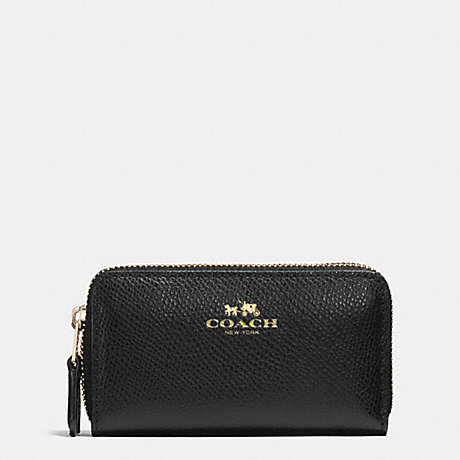 COACH F63921 SMALL DOUBLE ZIP COIN CASE IN CROSSGRAIN LEATHER LIGHT-GOLD/BLACK