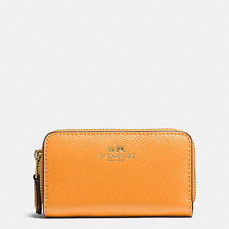 COACH F63921 SMALL DOUBLE ZIP COIN CASE IN CROSSGRAIN LEATHER IMITATION-GOLD/ORANGE-PEEL
