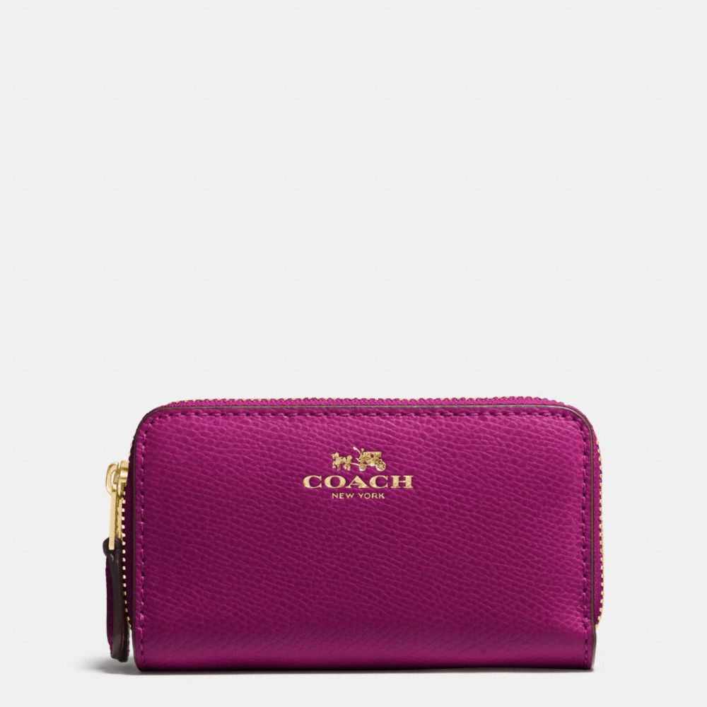 COACH SMALL DOUBLE ZIP COIN CASE IN CROSSGRAIN LEATHER - IMITATION GOLD/FUCHSIA - f63921