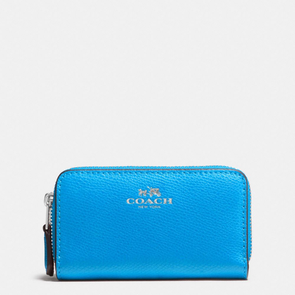 COACH f63921 SMALL DOUBLE ZIP COIN CASE IN CROSSGRAIN LEATHER SILVER/AZURE