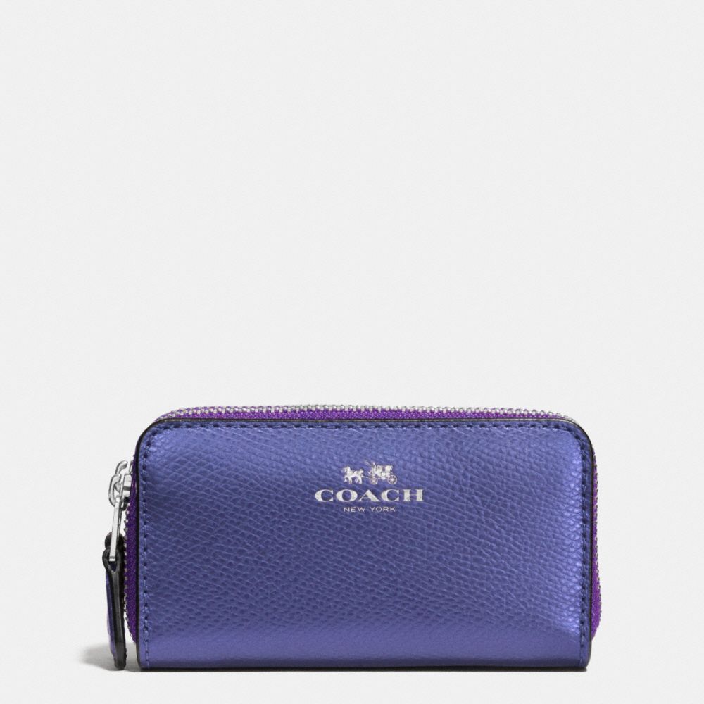 COACH F63921 Small Double Zip Coin Case In Crossgrain Leather SILVER/METALLIC PURPLE IRIS