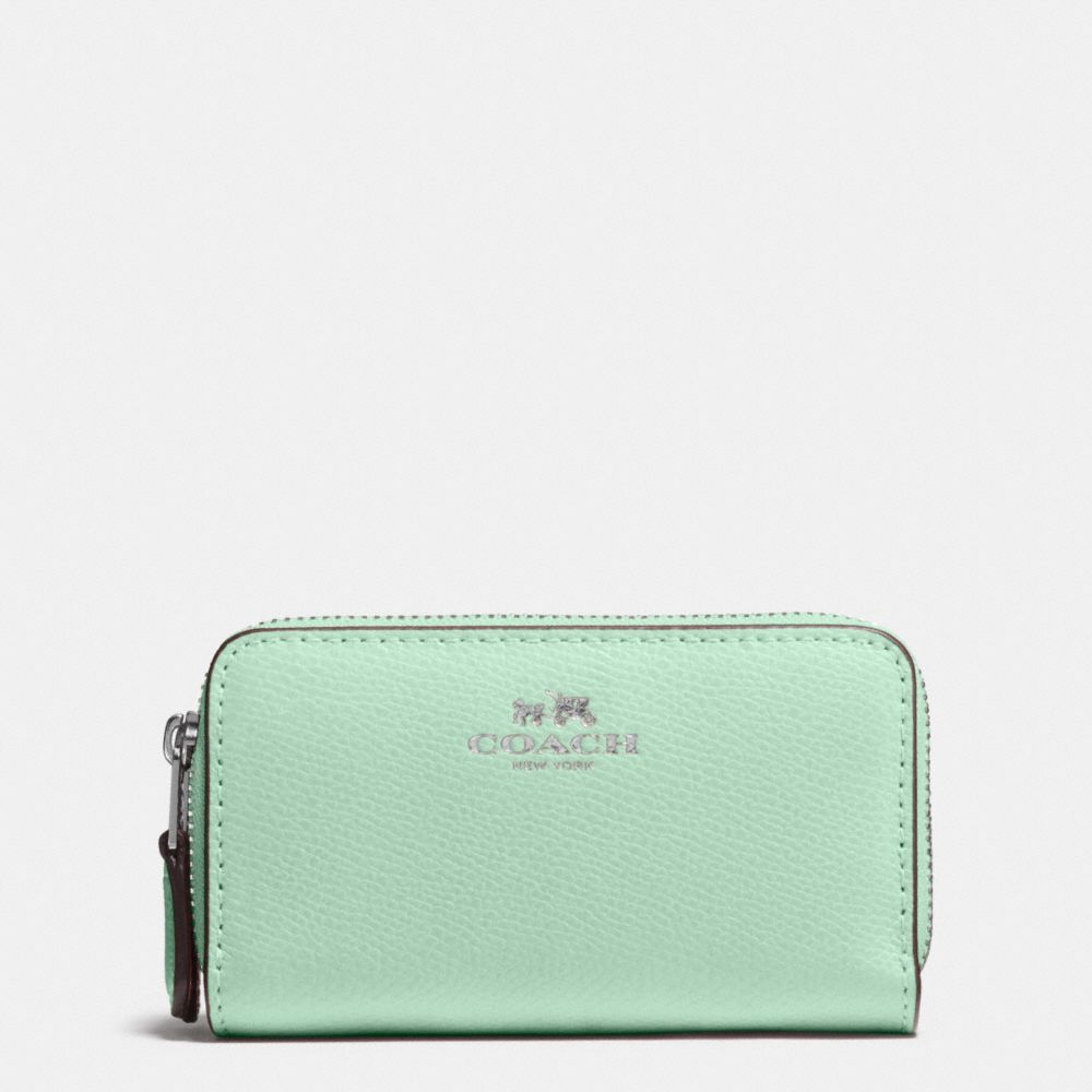 SMALL DOUBLE ZIP COIN CASE IN CROSSGRAIN LEATHER - SILVER/SEAGLASS - COACH F63921