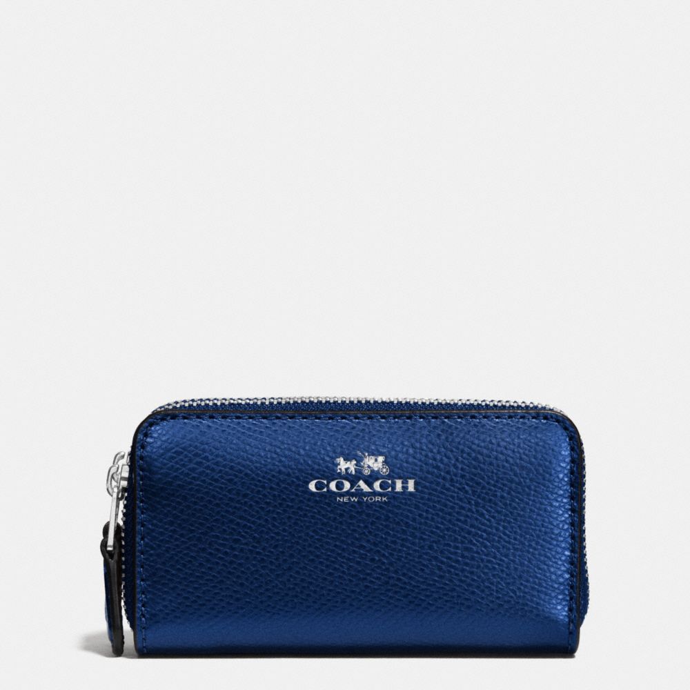 SMALL DOUBLE ZIP COIN CASE IN CROSSGRAIN LEATHER - SILVER/METALLIC MIDNIGHT - COACH F63921