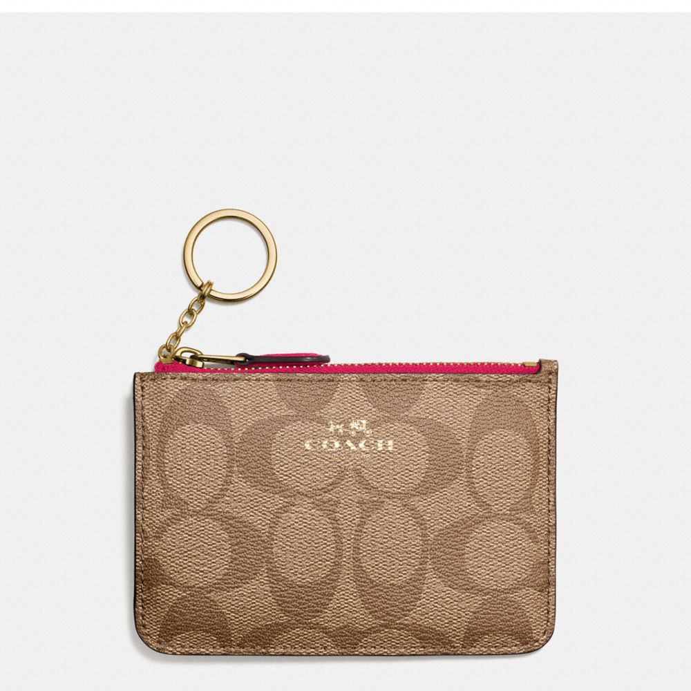 COACH F63923 KEY POUCH WITH GUSSET IN SIGNATURE IMITATION-GOLD/KHAKI-BRIGHT-PINK