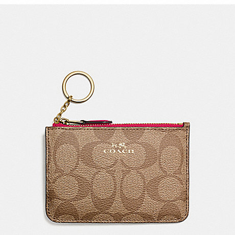COACH f63923 KEY POUCH WITH GUSSET IN SIGNATURE IMITATION GOLD/KHAKI BRIGHT PINK