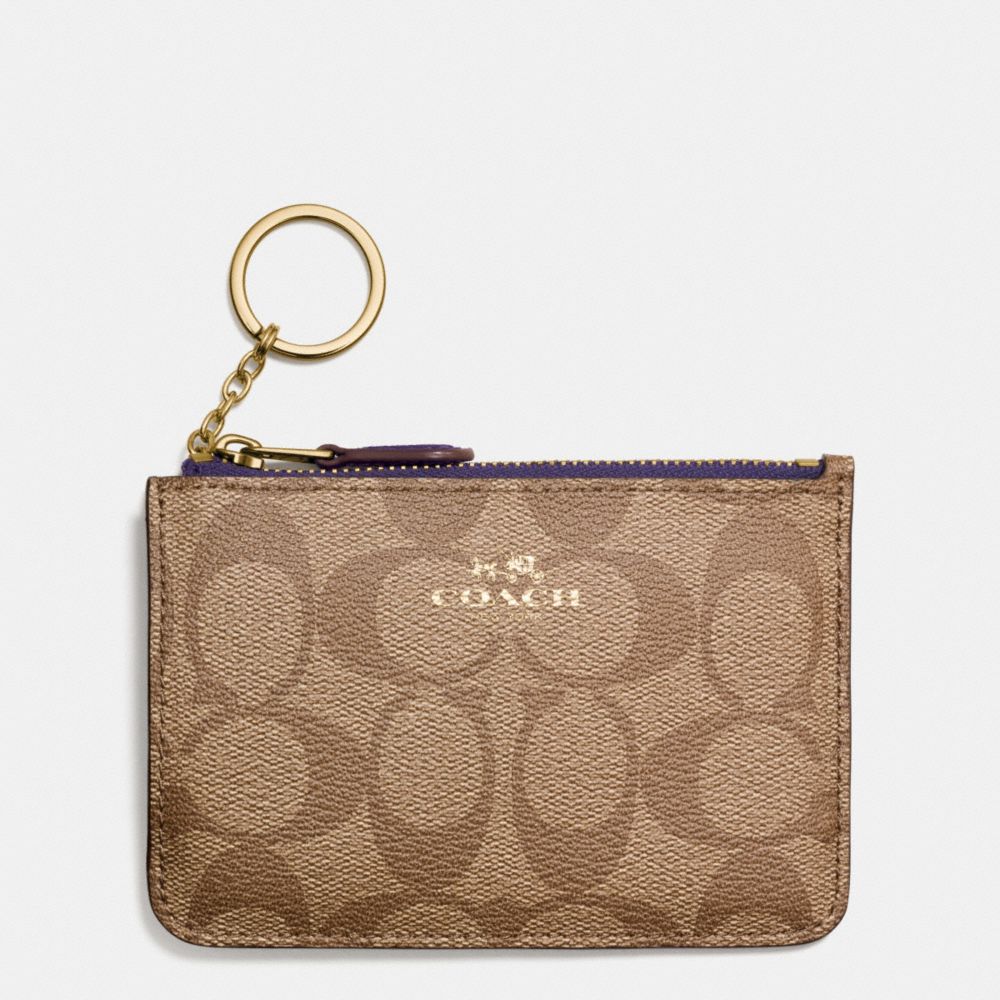 COACH F63923 Key Pouch With Gusset In Signature IMITATION GOLD/KHAKI AUBERGINE